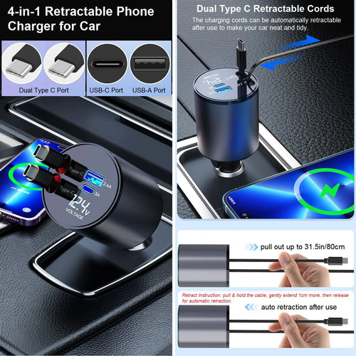 4-in-1 Retractable USB-C Fast Car Charger for Phones